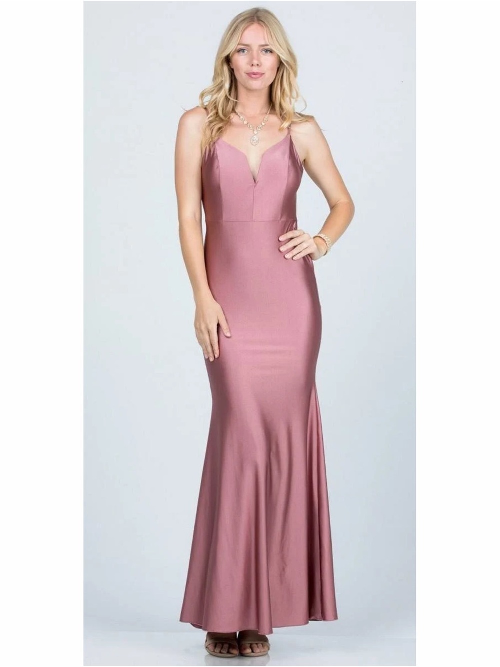 La Scala USA Women’s Vintage Evening Gown Maxi Dress V-Neck Satin Mauve Pink XL